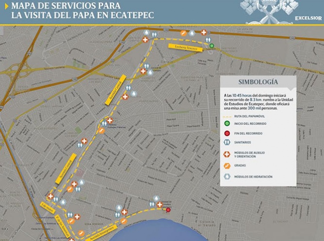 Mapa de servicios durante ruta del Papa en Ecatepec