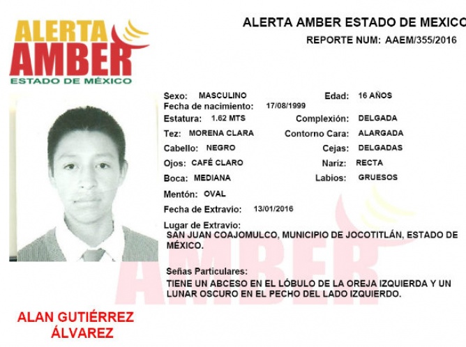 Activan Alerta Amber por la desaparición de Alan Gutiérrez Álvarez