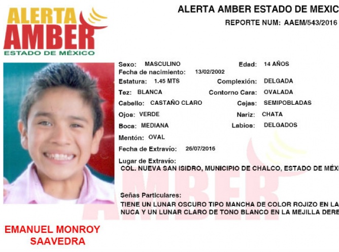 Activan Alerta Amber por la desaparición de Emanuel Monroy Saavedra