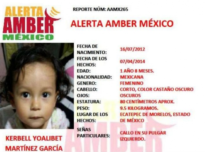 Activan Alerta Amber para localizar a la menor Kerbell Yoalibet Martínez García
