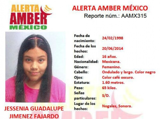 Alerta Amber por desaparición de Jessenia Guadalupe Jiménez Fajardo