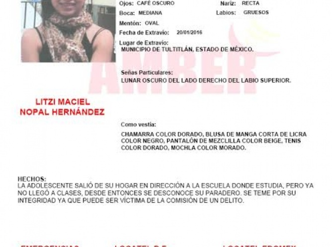 Alerta Amber por desaparición de Litzi Maciel Nopal Hernández