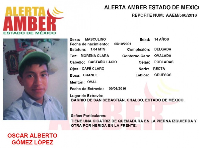Activan Alerta Amber por adolescente desaparecido en Chalco