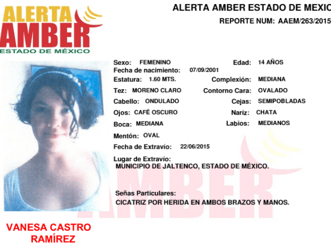 Activa Alerta Amber por la desaparición de Vanessa Castro Ramírez